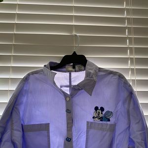 blue embroidered mickey mouse button up longsleeve